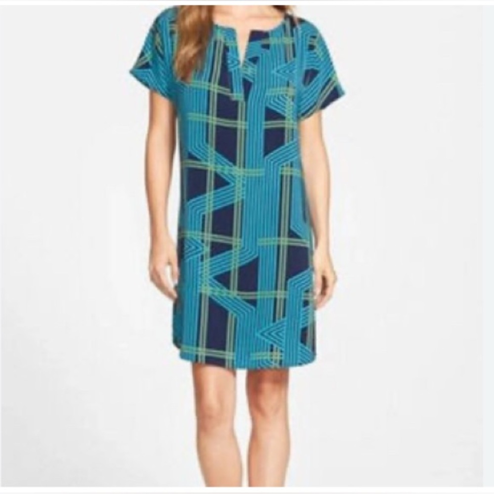 Halogen Navy, dress size LP Geometric Abstract lines in teal and‎ moss green